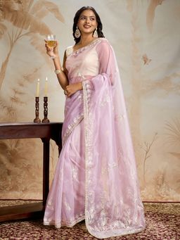 Teejh - Silsila Light Pink Net Gota Saree with Unstitched Blouse