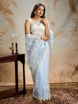 Teejh - Silsila Powder Blue Net Gota Saree with Unstitched Blouse