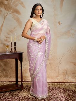 Teejh - Silsila Purple Net Gota Saree with Unstitched Blouse