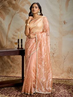 Teejh - Hriya Peach Orange Net Gota Saree with Unstitched Blouse
