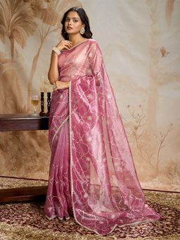 Teejh - Hriya Onion Pink Net Gota Saree with Unstitched Blouse