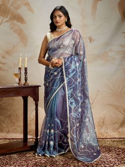 Teejh - Hriya Indigo Net Gota Saree with Unstitched Blouse