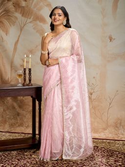Teejh - Rabina Light Pink Net Gota Saree with Unstitched Blouse
