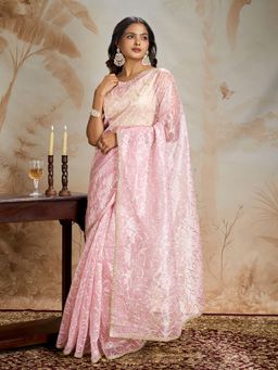 Teejh - Mehfil Light Pink Net Gota Saree with Unstitched Blouse