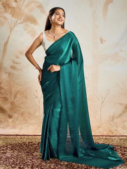 Teejh - Nandira Teal Pre-Draped Saree with Unstitched Blouse