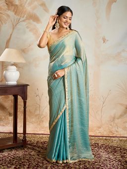 Teejh - Deetya Blue Shimmer Chiffon Saree with Unstitched Blouse