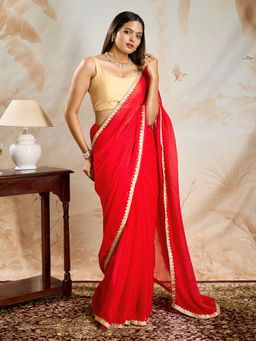 Teejh - Yamika Red Shimmer Chiffon Saree with Unstitched Blouse
