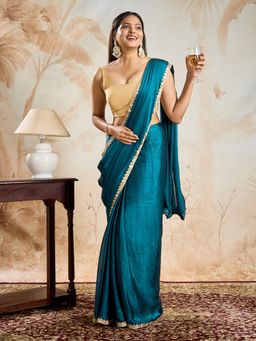 Teejh - Ushnavi Dark Blue Shimmer Chiffon Saree with Unstitched Blouse