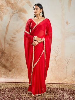 Teejh - Tithira Red Shimmer Chiffon Saree with Unstitched Blouse