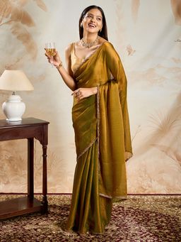 Teejh - Paviksha Green Shimmer Chiffon Saree with Unstitched Blouse