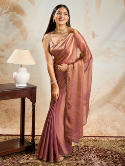 Teejh - Kavyisha Rose Gold Shimmer Chiffon Saree with Unstitched Blouse