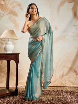 Teejh - Mayurie Sea Blue Shimmer Chiffon Saree with Unstitched Blouse