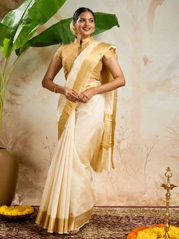 Teejh - Devaangi Tessar Silk Off White Kasavu Saree with Unstitched Blouse