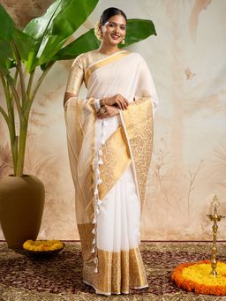 Teejh - Theeram Cotton Silk Off White Kasavu Saree with Unstitched Blouse