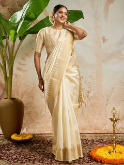 Teejh - Nilavu Cotton Silk Off White Kasavu Saree with Unstitched Blouse