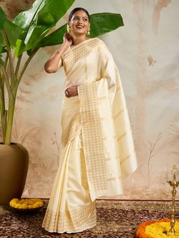 Teejh - Varnitha Semi Silk Off White Kasavu Saree with Unstitched Blouse