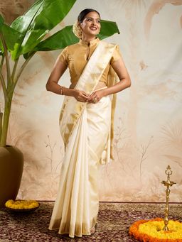 Teejh - Kavyam Semi Tessar Silk Off White Kasavu Saree with Unstitched Blouse