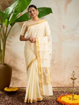 Teejh - Revathi Cotton Off White Kasavu Saree with Unstitched Blouse