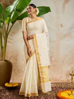 Teejh - Revai Cotton Off White Kasavu Saree with Unstitched Blouse