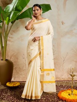 Teejh - Aaravam Cotton Off White Kasavu Saree with Unstitched Blouse