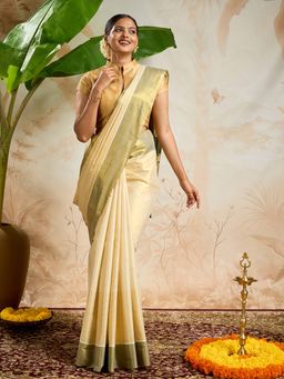 Teejh - Aronya Tissue Green Kasavu Saree with Unstitched Blouse