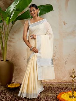 Teejh - Vrishti Cotton White Kasavu Saree with Unstitched Blouse
