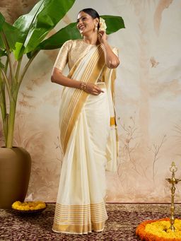 Teejh - Varenya Cotton Off White Kasavu Saree with Unstitched Blouse