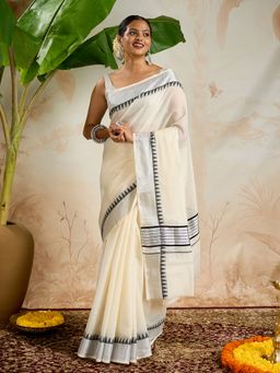 Teejh - Parinay Cotton Off White Kasavu Saree with Unstitched Blouse
