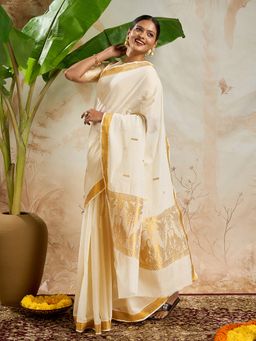 Teejh - Bindu Cotton Off White Kasavu Saree with Unstitched Blouse