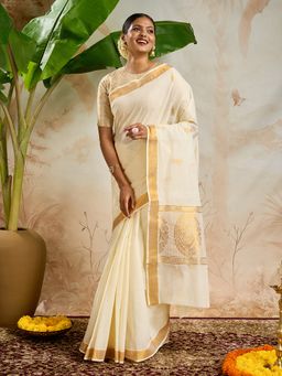 Teejh - Saroj Cotton Off White Kasavu Saree with Unstitched Blouse