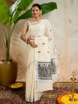Teejh - Varnika Cotton Off White Kasavu Saree with Unstitched Blouse