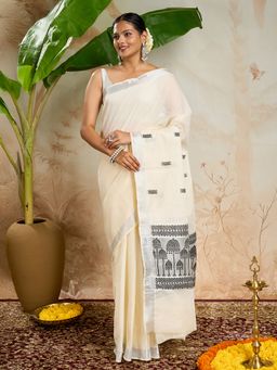 Teejh - Mausami Cotton Off White Kasavu Saree with Unstitched Blouse