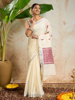 Teejh - Vahina Cotton Off White Kasavu Saree with Unstitched Blouse