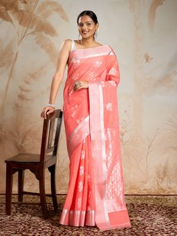 Teejh - Pichola Silk Cotton Peach Saree with Unstitched Blouse