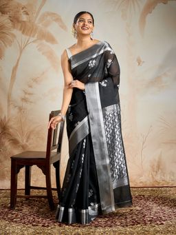 Teejh - Fateh Silk Cotton Black Saree with Unstitched Blouse