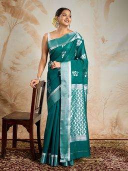Teejh - Bhimtal Silk Cotton Teal Saree with Unstitched Blouse