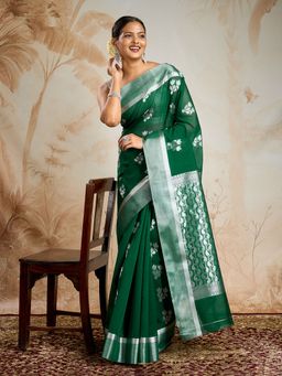 Teejh - Chilika Silk Cotton Bottle Green Saree with Unstitched Blouse
