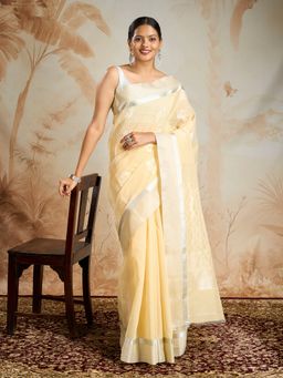 Teejh - Kolleru Silk Cotton Beige Saree with Unstitched Blouse