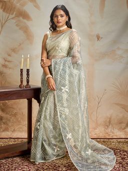 Teejh - Tarangi Sage Green Net Gota Saree with Unstitched Blouse