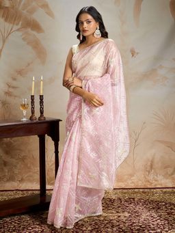Teejh - Tarangi Pink Net Gota Saree with Unstitched Blouse