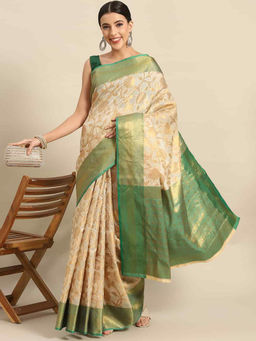 Silk Land - Women Tusser Silk Banarasi Saree with Unstitched Blouse - Green