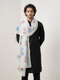 MUFFLY - White Embroidered Festive Organza Dupatta