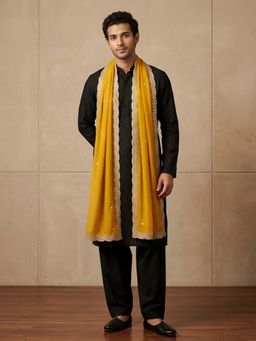 MUFFLY - Yellow Embroidered Festive Silk Dupatta