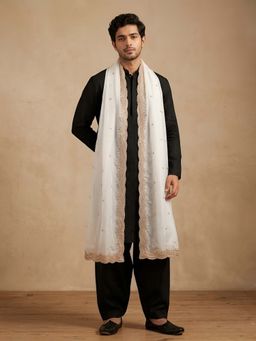 MUFFLY - White Embroidered Festive Silk Dupatta