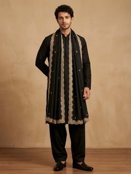 MUFFLY - Black Embroidered Festive Silk Dupatta