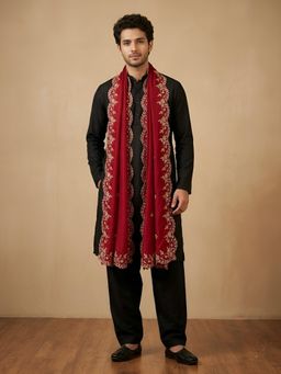 MUFFLY - Red Embroidered Festive Silk Dupatta