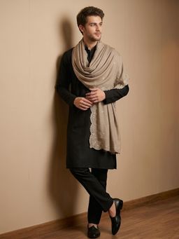 MUFFLY - Beige Embroidered Festive Silk Dupatta
