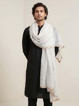 MUFFLY - White Embroidered Festive Net Dupatta