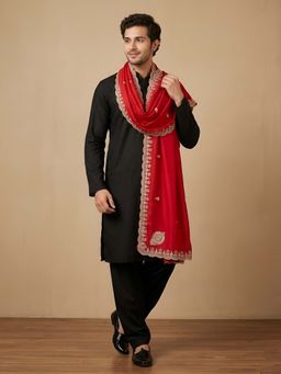 MUFFLY - Red Embroidered Festive Silk Dupatta