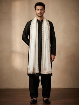 MUFFLY - White Embroidered Festive Silk Dupatta